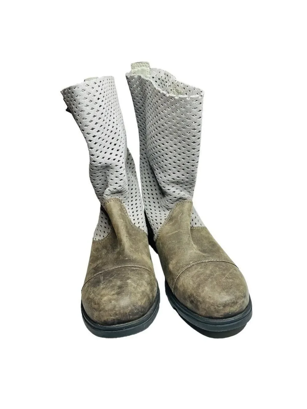 Sorel Major Pull On Perforated Laser Cut Leather Boots Beige &‎ Gray Women’s 8.5